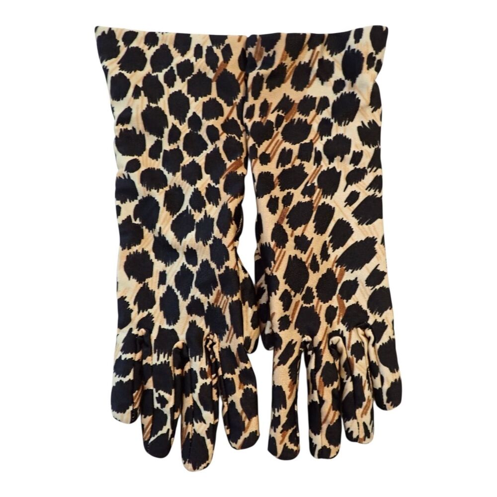 Vintage Gloves Leopard Print Stretch Nylon Spandex Knit Lined WPL 9745 Old Money